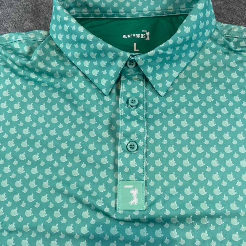 Bogey Bros Mens Golf Polo Teal Middle Finger Print Funny Performance Large L